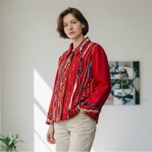 Coldwater Creek Red Textured Jacket with Patterned Accents Size Large